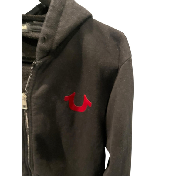 True Religion Graphic Logo Black Red Hoodie Size Medium Casual Full Zip Jacket - Picture 4 of 11